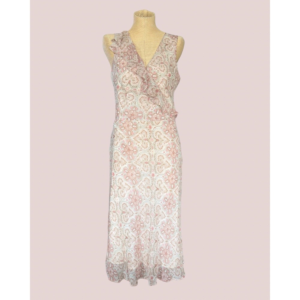 Y2K Limited 100% Silk Floral Midi Dress Size 12 Fairy Romantic Baby Pink Paisley